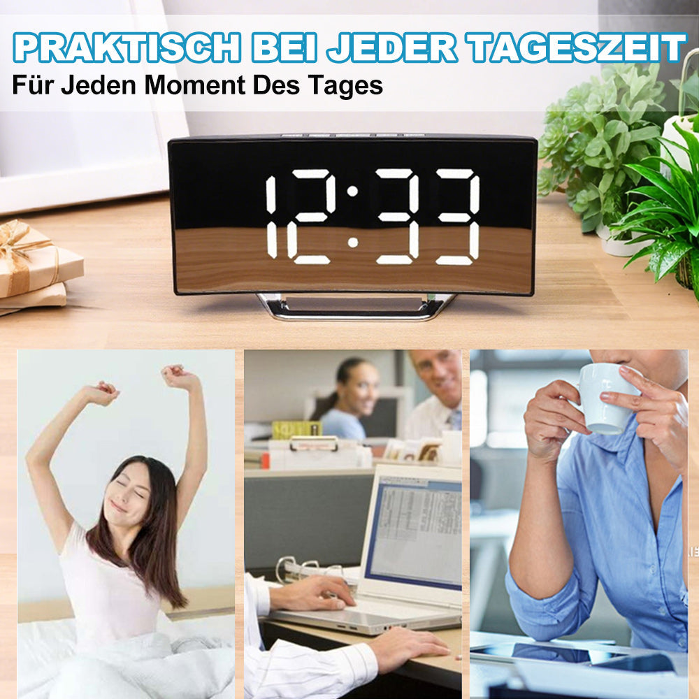 Kreative LED-Spiegeluhr Mit Großem Curved-Display Und Geräuschloser Weckfunktion