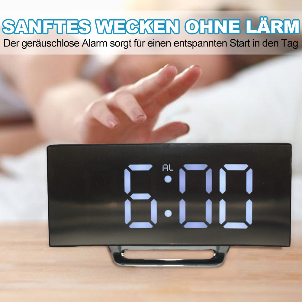 Kreative LED-Spiegeluhr Mit Großem Curved-Display Und Geräuschloser Weckfunktion