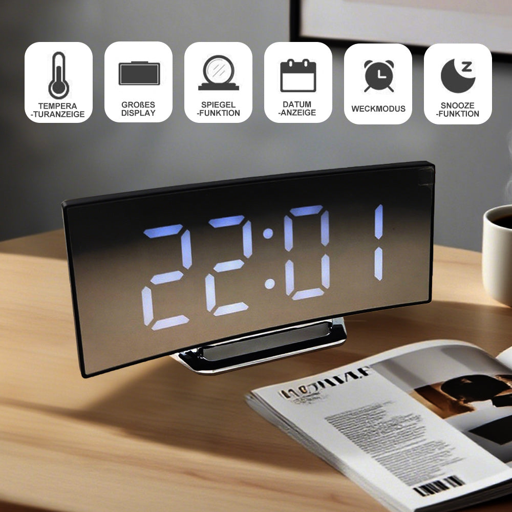 Kreative LED-Spiegeluhr Mit Großem Curved-Display Und Geräuschloser Weckfunktion