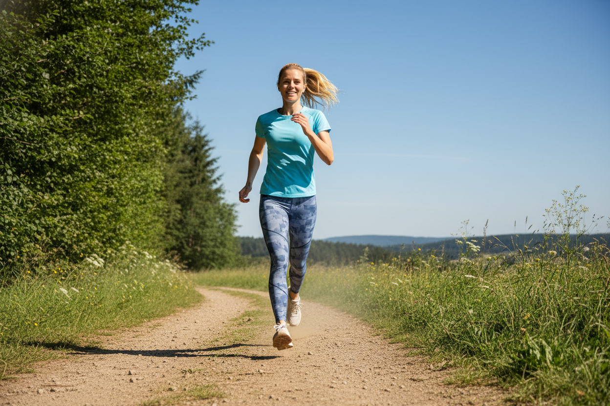 mulher alemã correndo com um tênis de corrida confortável